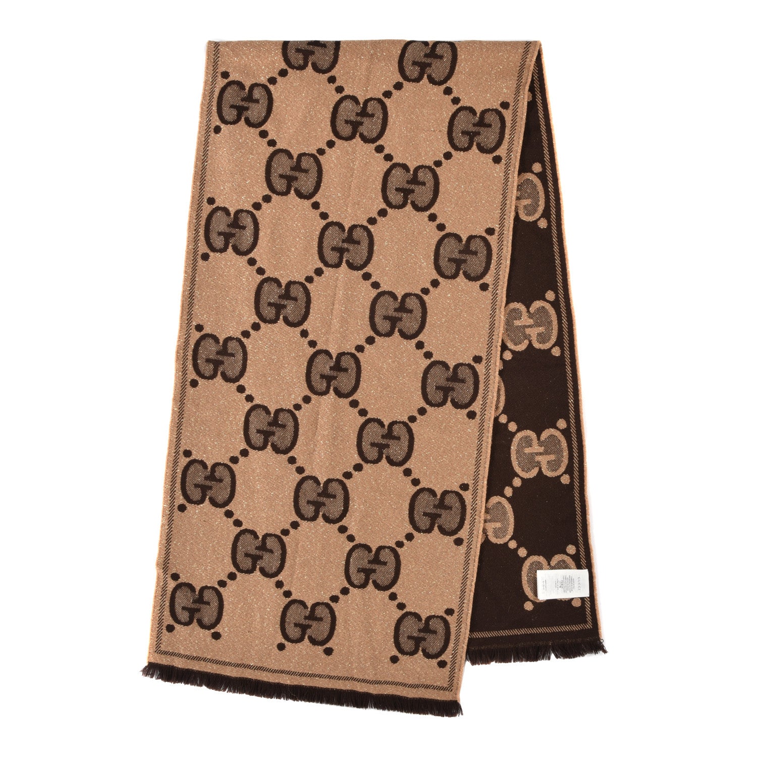 Gucci Wool Lame Jacquard Monogram Jumbo GG Lady Nest Lux Scarf Beige Dark Brown 1 of 4