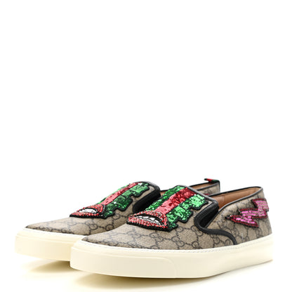Gucci GG Supreme Monogram Embellished Womens Slip On Sneakers 41 Beige Brown 3 of 9