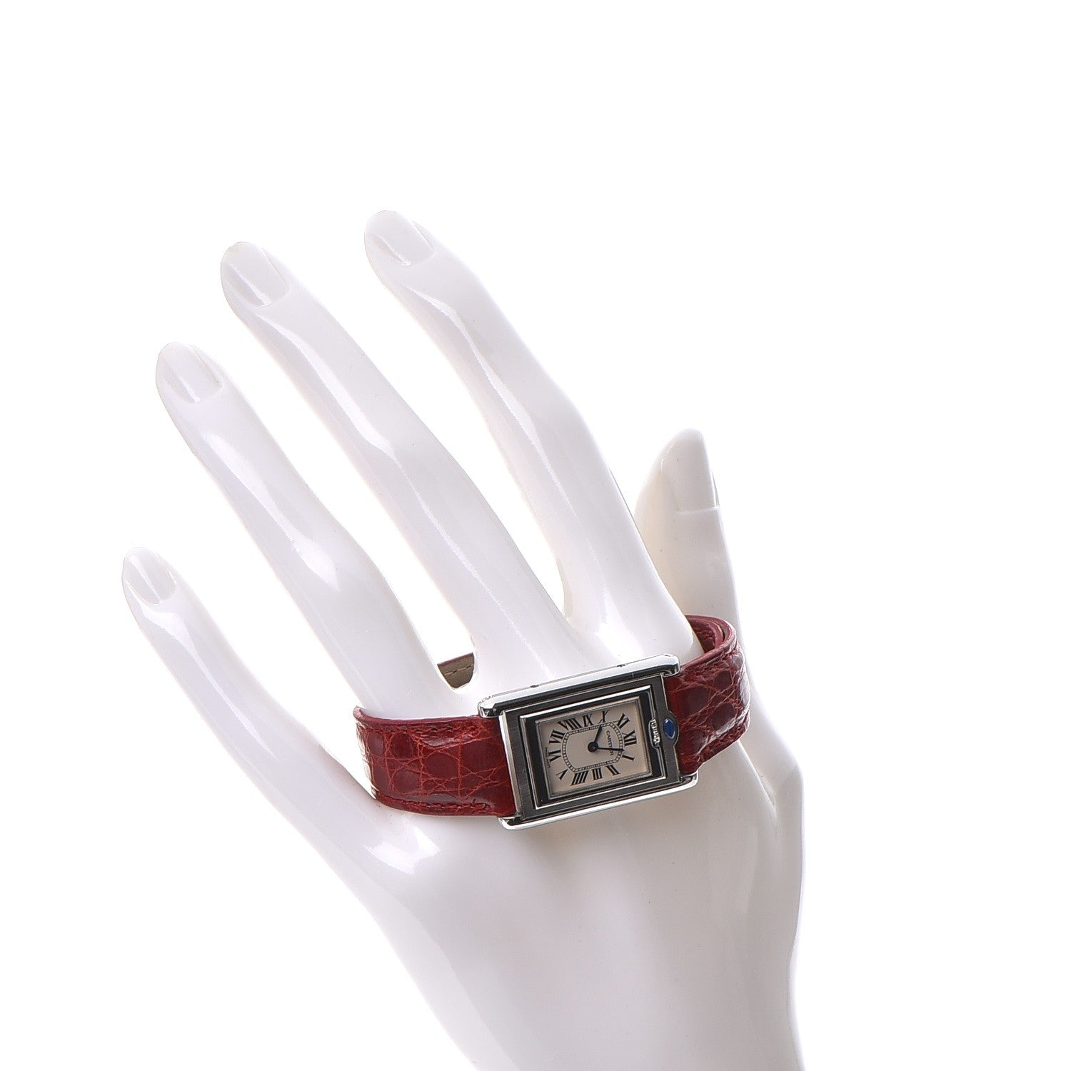 Cartier Stainless Steel Alligator 22mm Tank Basculante Quartz Watch Red 2 of 14