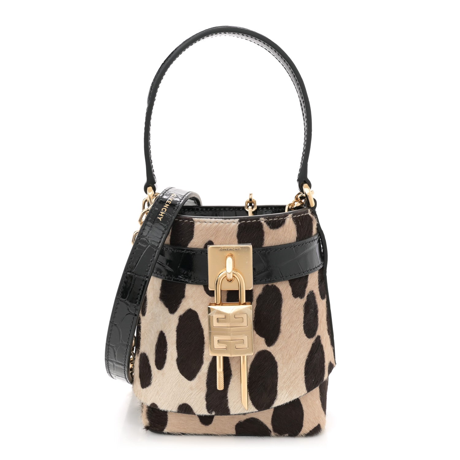 Givenchy Pony Calfskin Micro Leopard Print Shark Lock Bucket Bag Black Beige 1 of 10