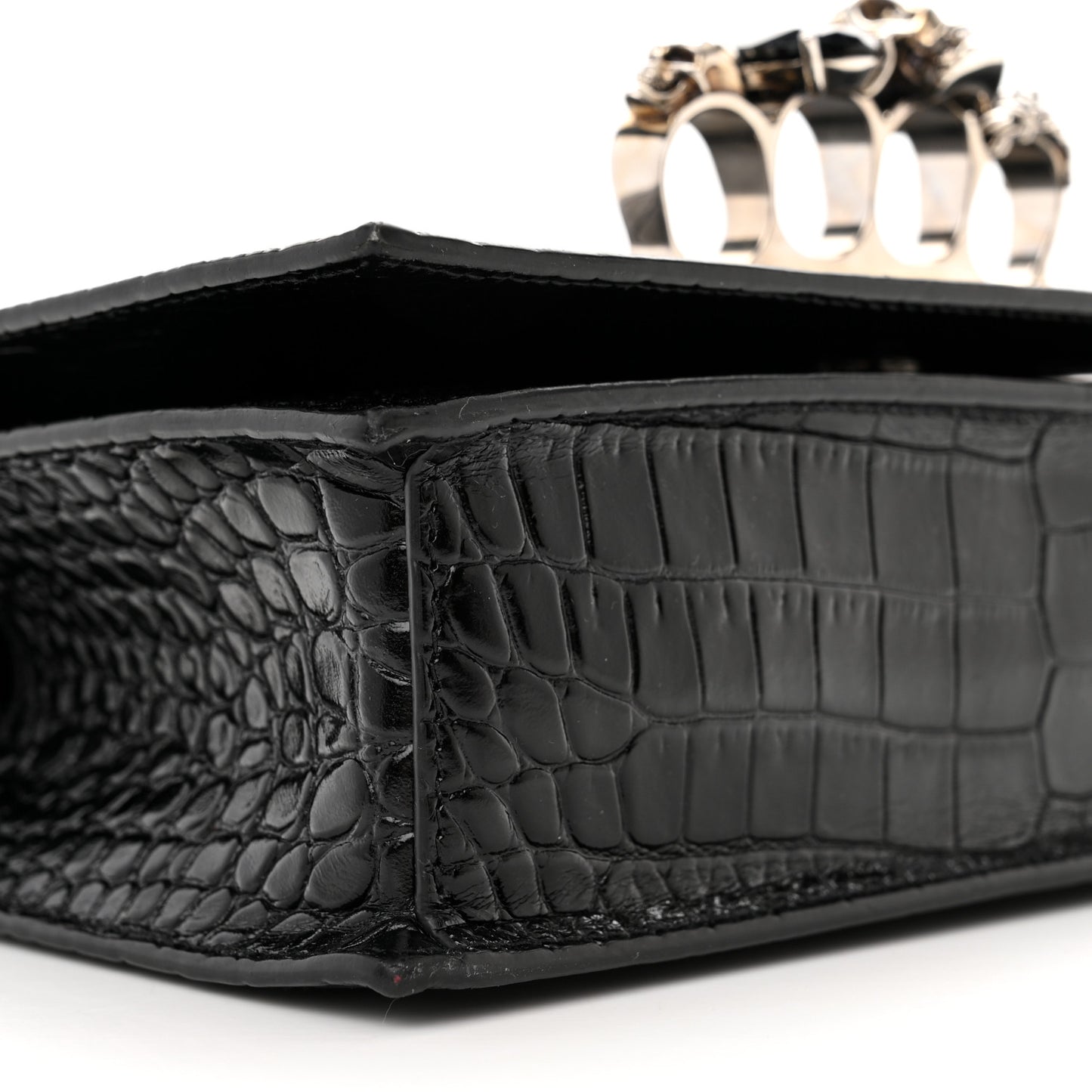 Shiny Calfskin Crocodile Embossed Knuckle Jeweled Crossbody Black
