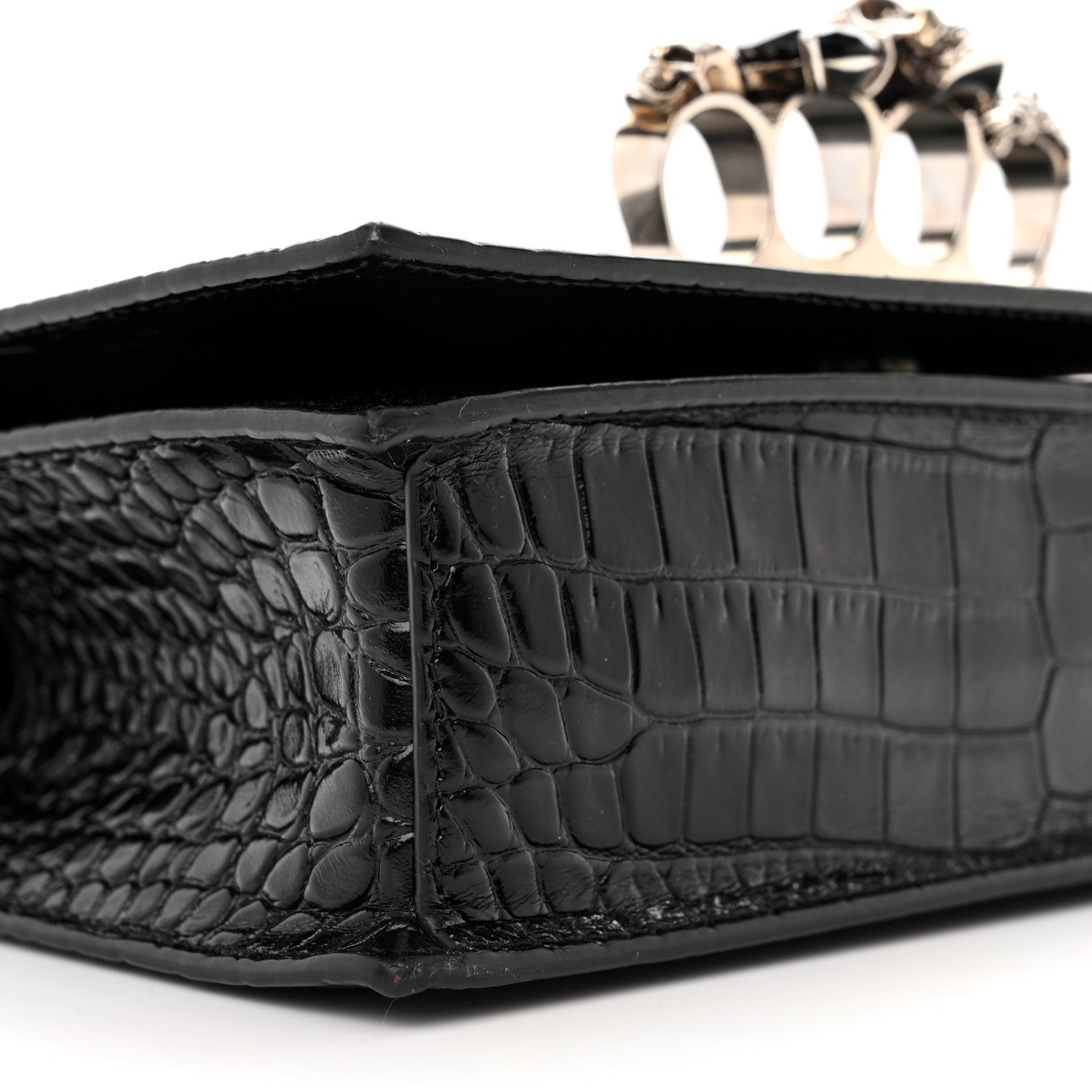 Alexander McQueen Shiny Calfskin Crocodile Embossed Knuckle Jeweled Crossbody Black 8 of 10