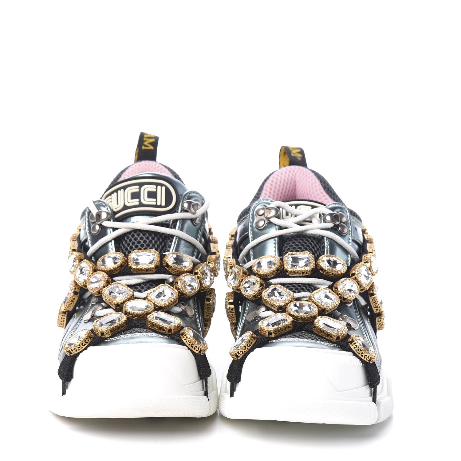 Gucci X SEGA Metallic Calfskin Removable Crystals Womens Flashtrek Sneakers 37 Lago Loess Silver 2 of 9