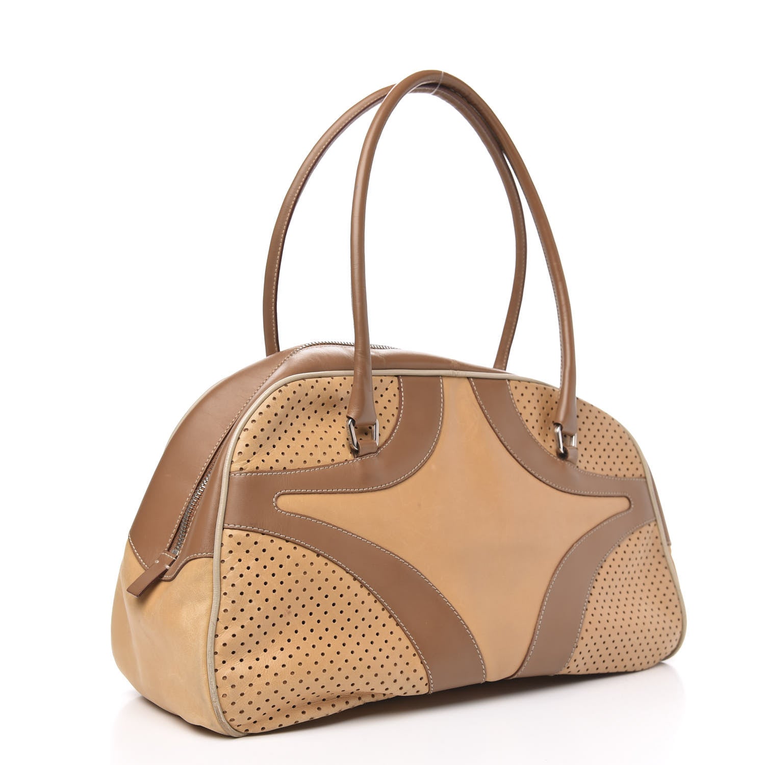 Prada Vitello Drive Perforated Bowling Bag Naturale 663223