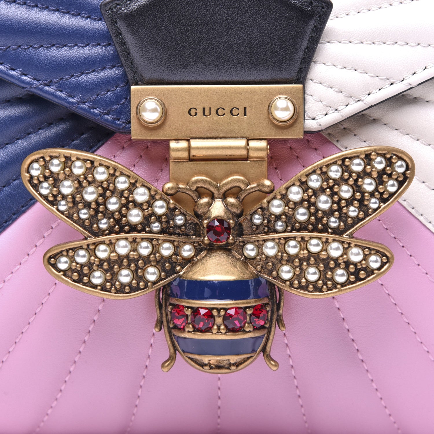 Gucci Calfskin Bamboo Trapuntata Queen Margaret Top Handle Bag Blue Agata Hibiscus Red Mystic White Sugar Pink 10 of 12