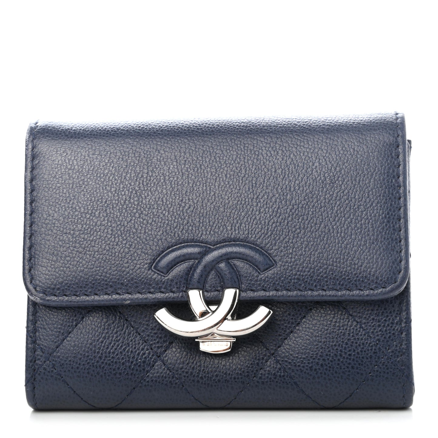 Grained Calfskin Quilted CC Box Compact Flap Wallet Blue