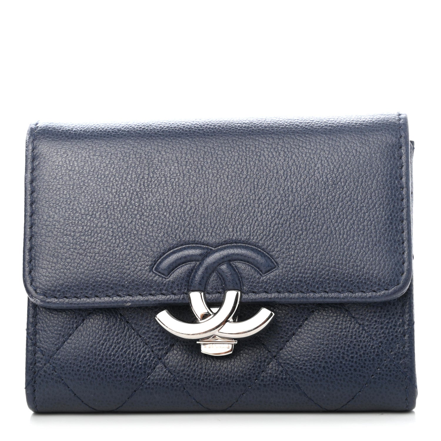 Chanel Grained Calfskin Quilted CC Box Compact Flap Wallet Blue 1 of 4