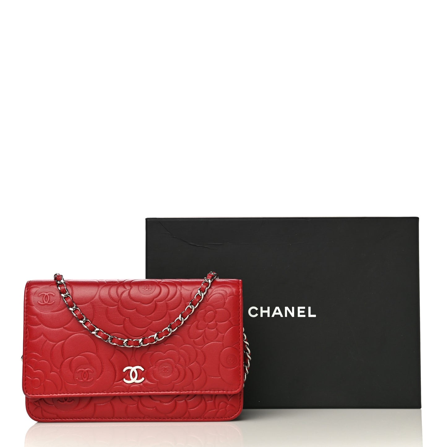 Lambskin Camellia Embossed Wallet On Chain WOC Red