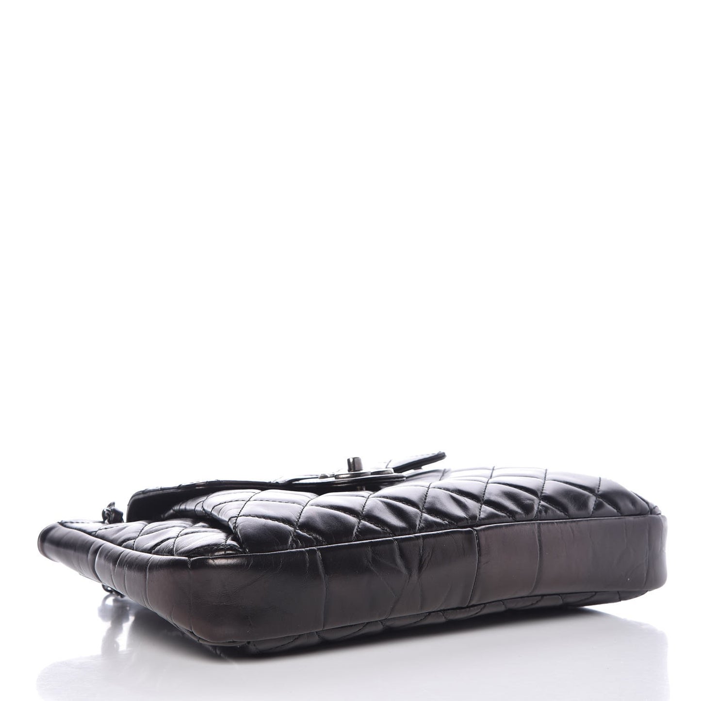 Glazed Calfskin Quilted Accordion Flap Black