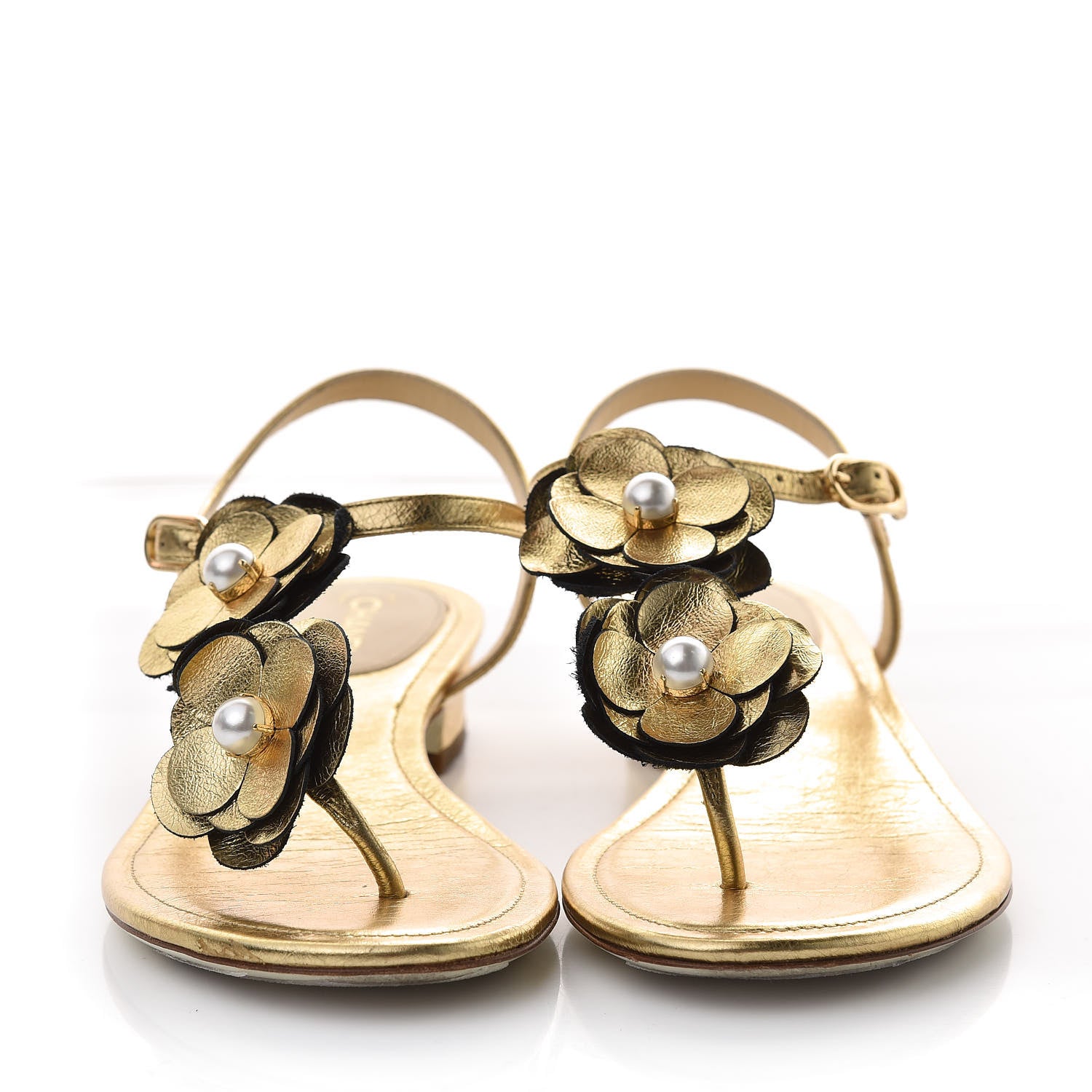 Chanel Crackled Calfskin Camellia Pearl Thong Sandals 36.5 Gold 2 of 8