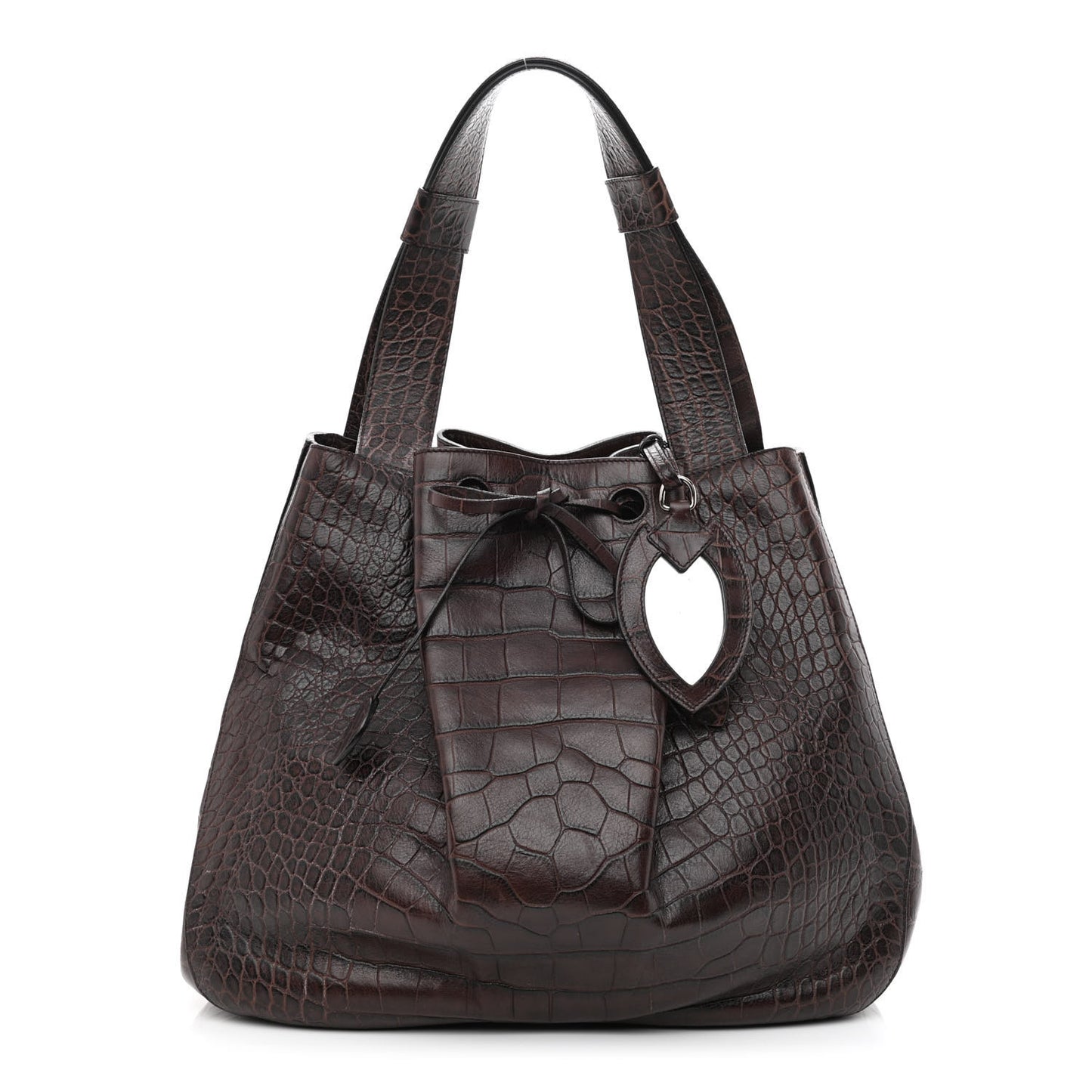 Calfskin Crocodile Embossed Bucket Bag Brown