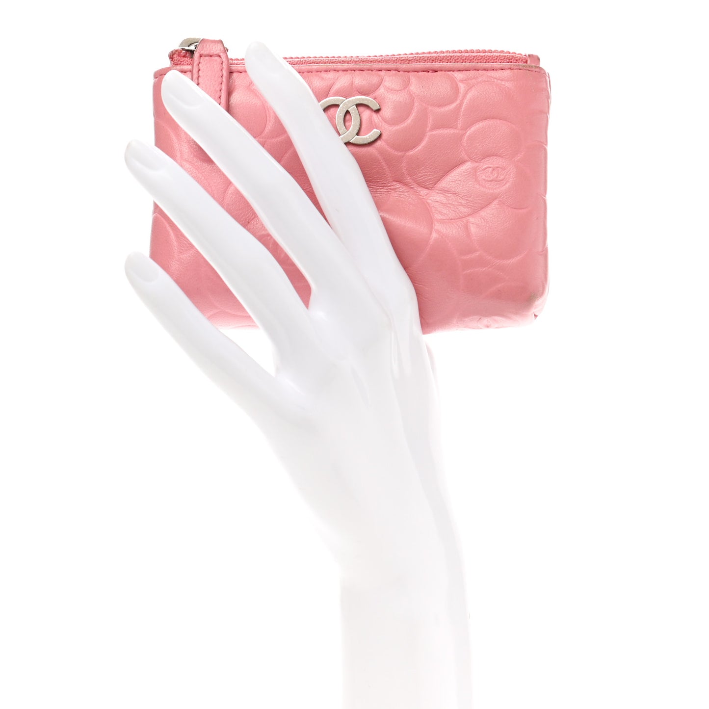 Lambskin Camellia Embossed Key Holder Case Pink