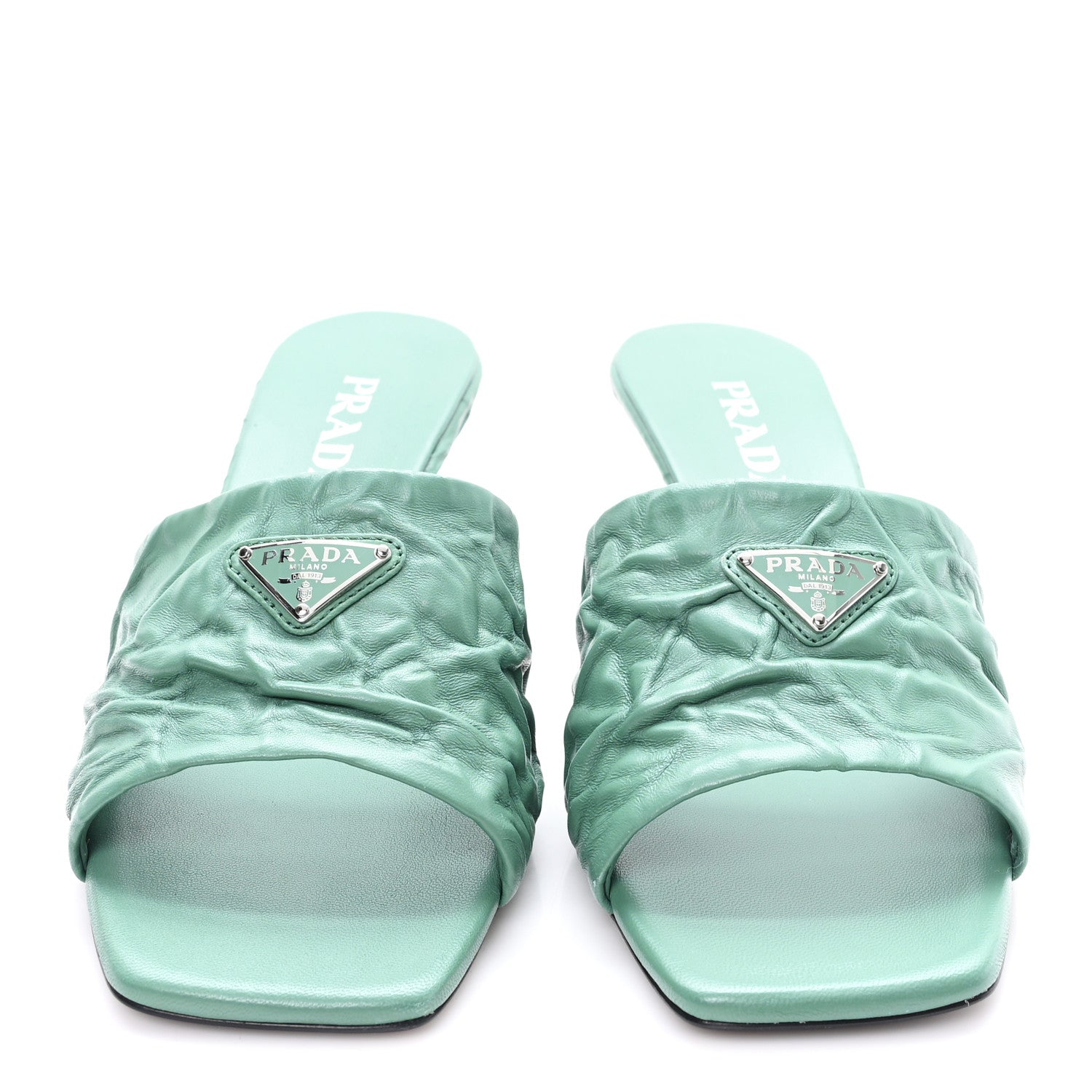 Prada Nappa Antique Metal Triangle Logo 55mm Slide Sandals 40 Salvia 3 of 9