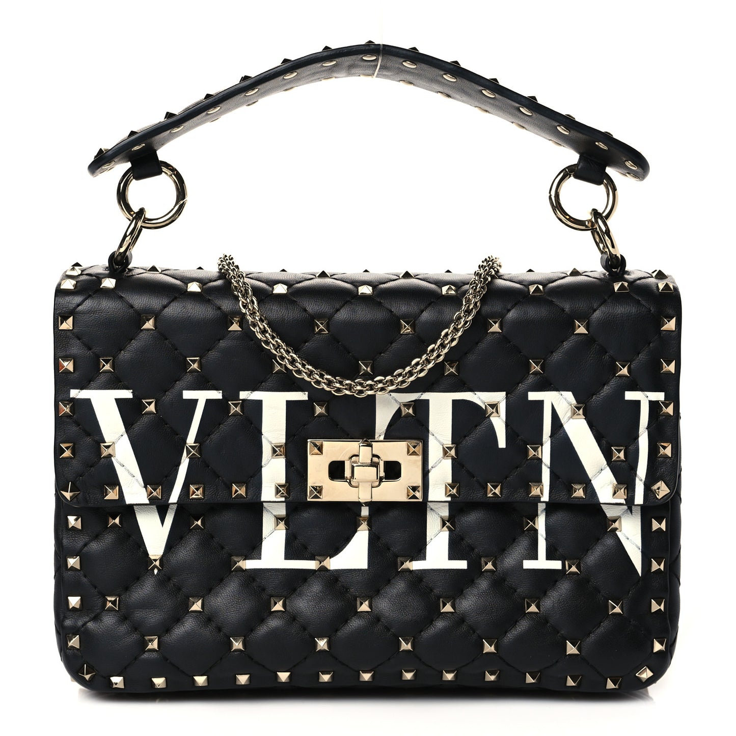 Lambskin VLTN Print Medium Rockstud Spike Shoulder Bag Black