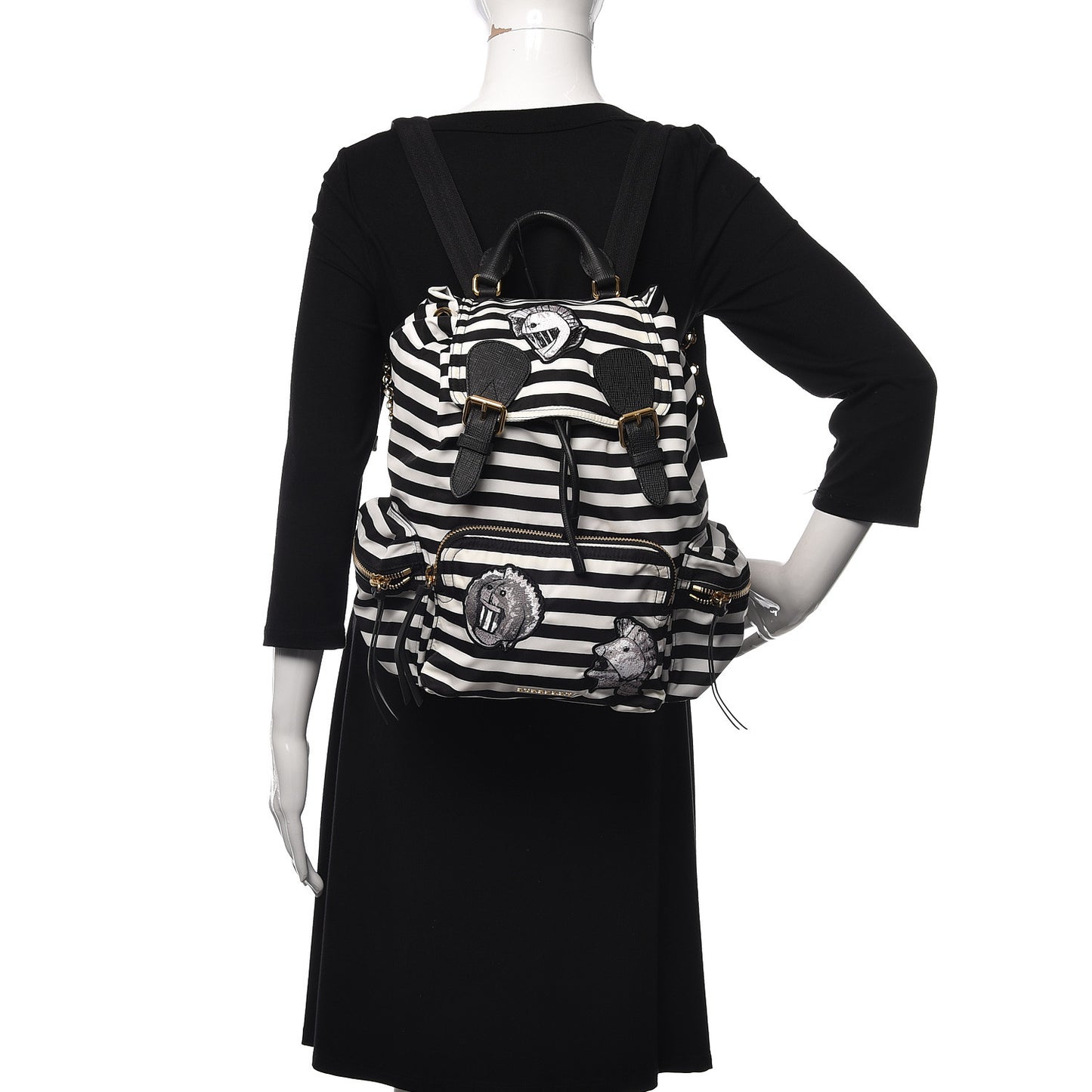Nylon Striped Medium Rucksack Backpack Black White