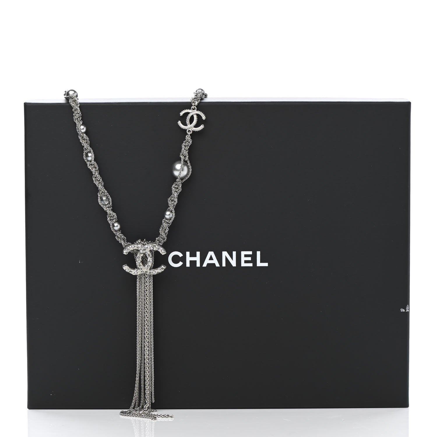 Chanel Crystal Pearl Chain Necklace Gray 6 of 6