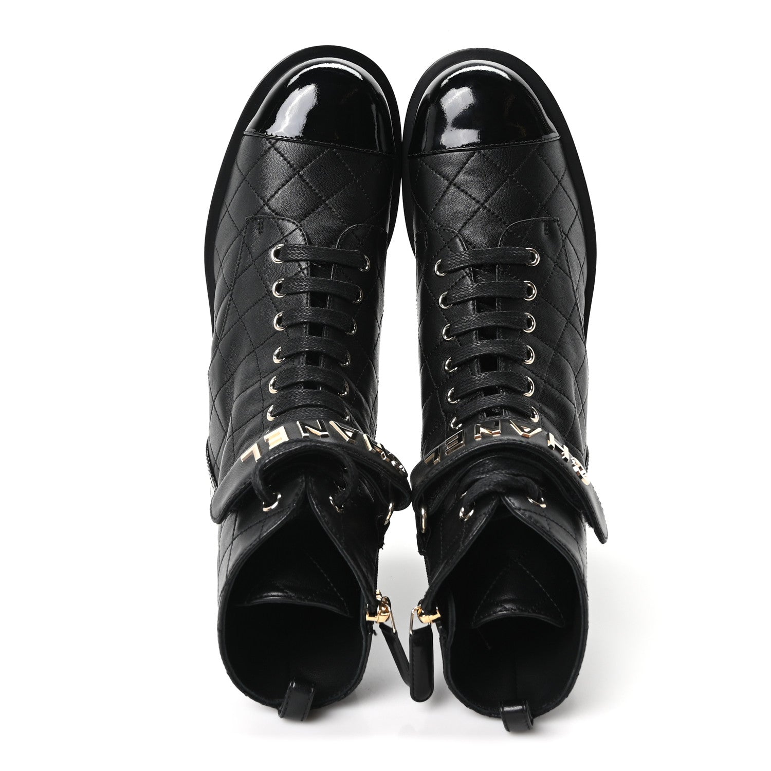 Chanel Lambskin Patent Calfskin Quilted Logo Lace Up Combat Boots 39.5 Black 2 of 10