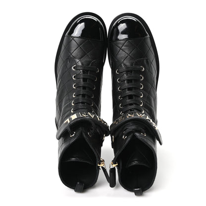 Chanel Lambskin Patent Calfskin Quilted Logo Lace Up Combat Boots 39.5 Black 2 of 10