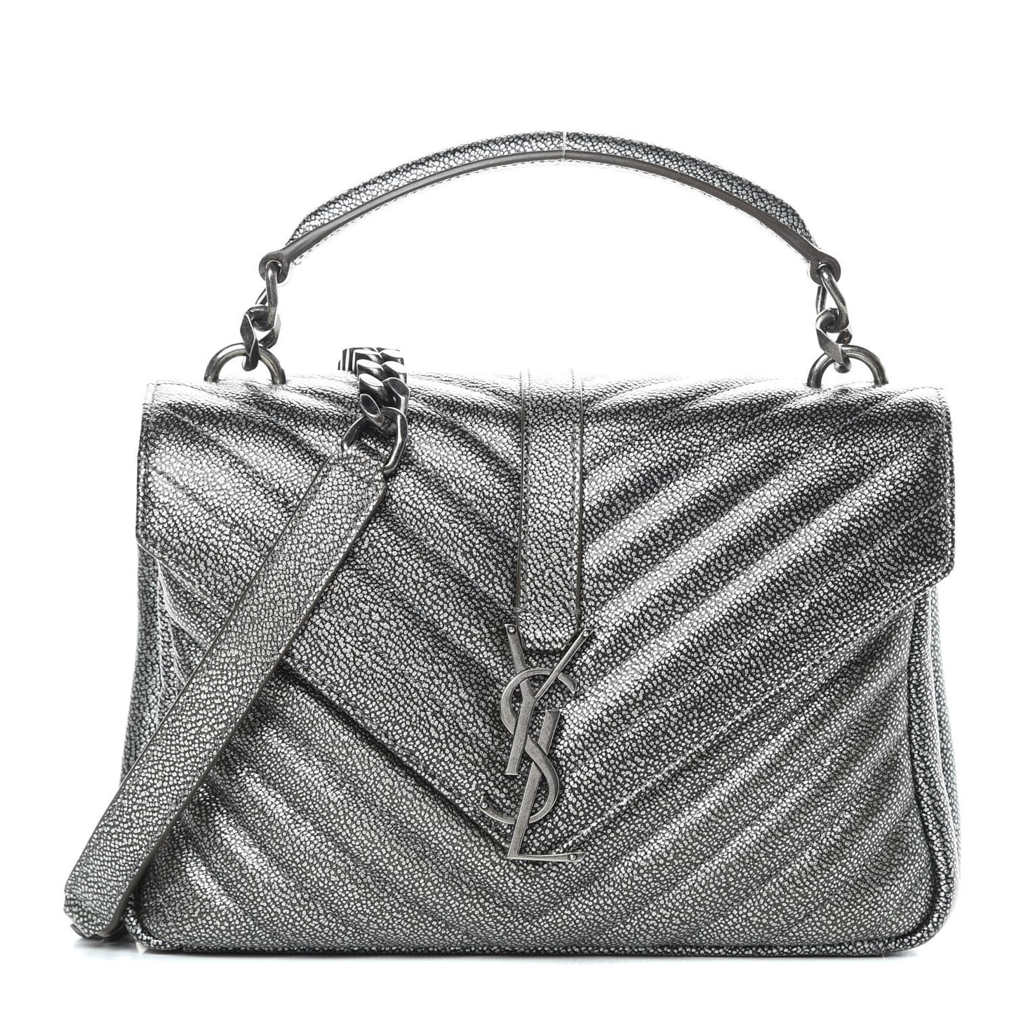 Metallic Grain De Poudre Matelasse Chevron Monogram Medium College Bag Gunmetal