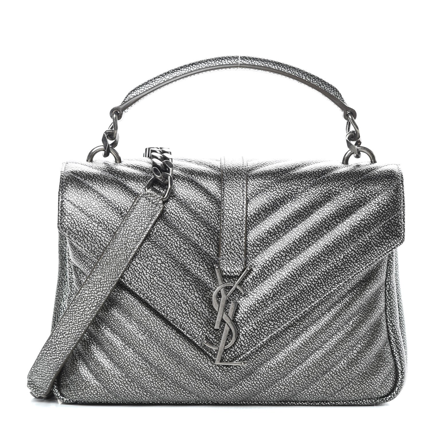 Saint Laurent Metallic Grain De Poudre Matelasse Chevron Monogram Medium College Bag Gunmetal 1 of 12