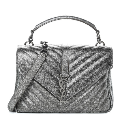 Saint Laurent Metallic Grain De Poudre Matelasse Chevron Monogram Medium College Bag Gunmetal 1 of 12