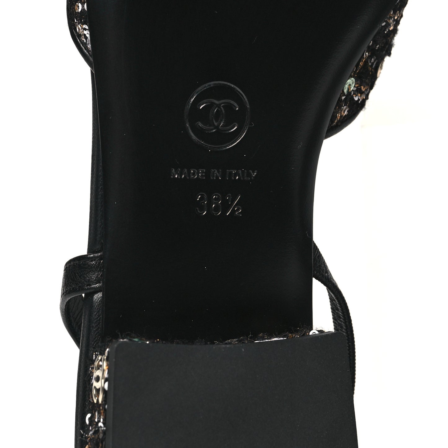 Tweed Sequins Cap Toe CC Slingback Flats 38.5 Black White Gold