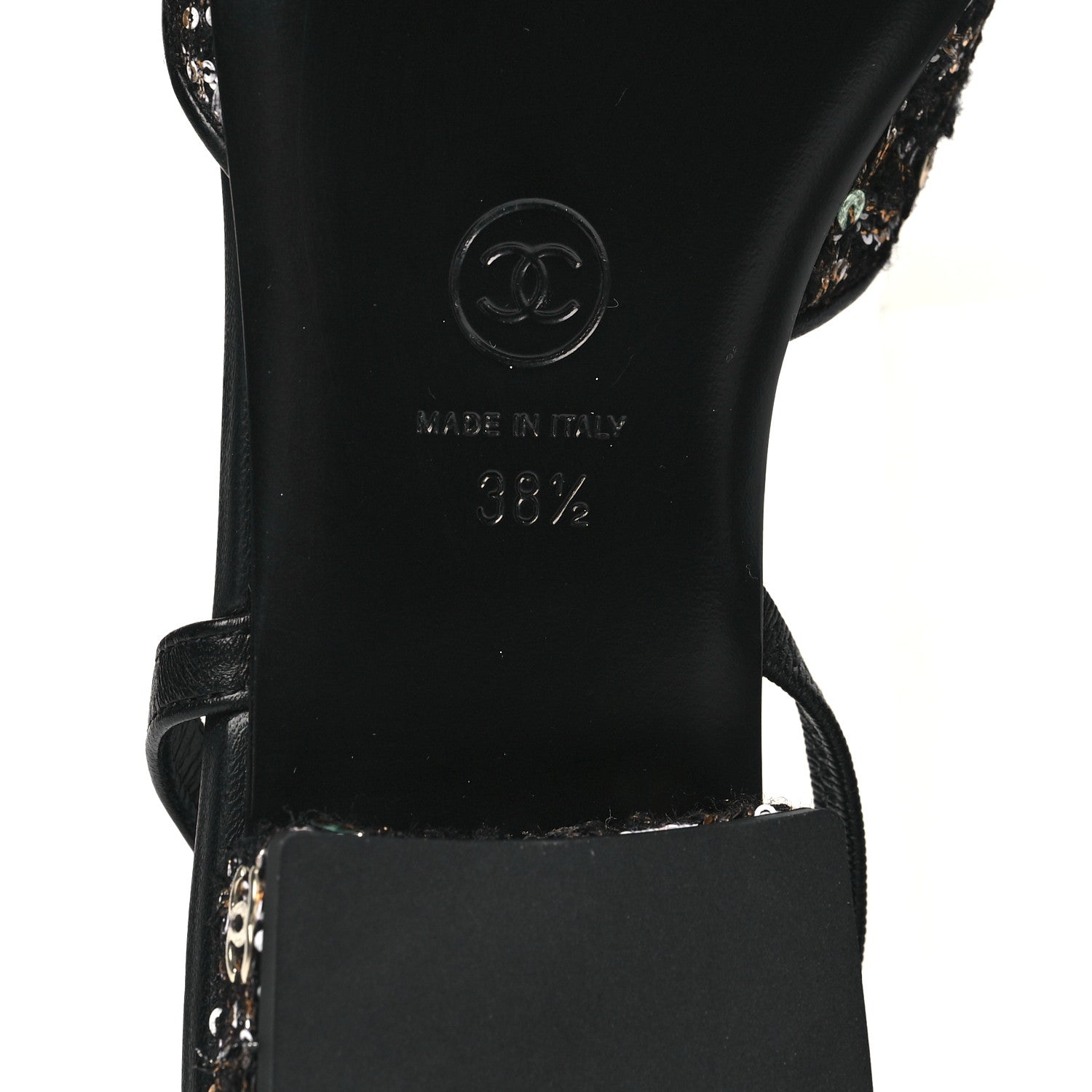 Chanel Tweed Sequins Cap Toe CC Slingback Flats 38.5 Black White Gold 6 of 10