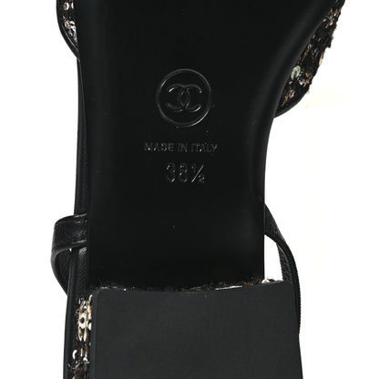 Chanel Tweed Sequins Cap Toe CC Slingback Flats 38.5 Black White Gold 6 of 10