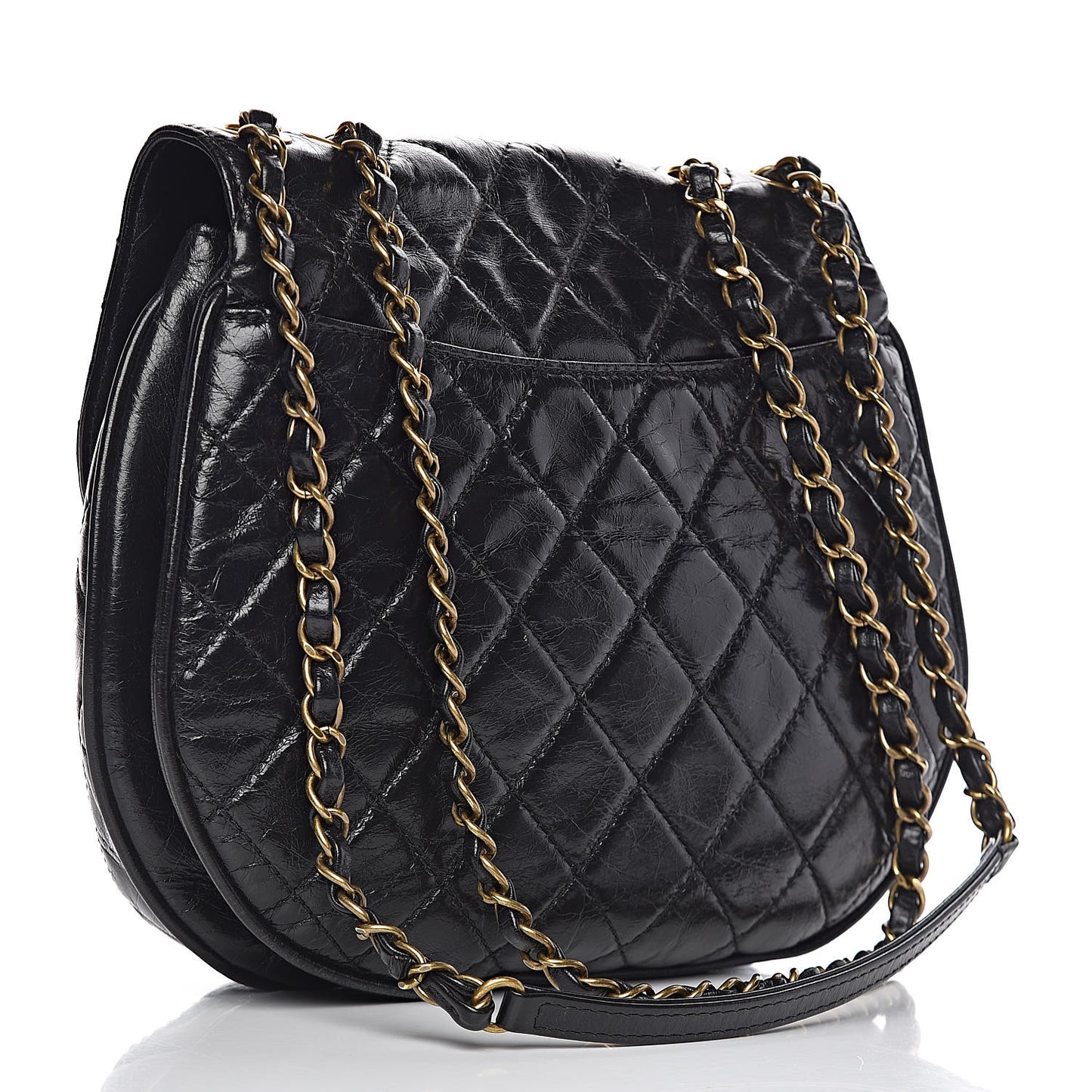 Glazed Calfskin Quilted Medium Bubble CC Flap Black