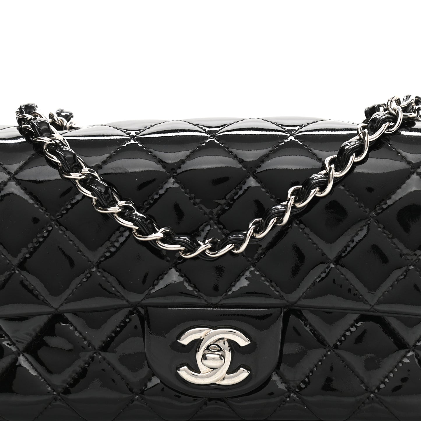 Patent Calfskin Quilted Mini Rectangular Flap Black