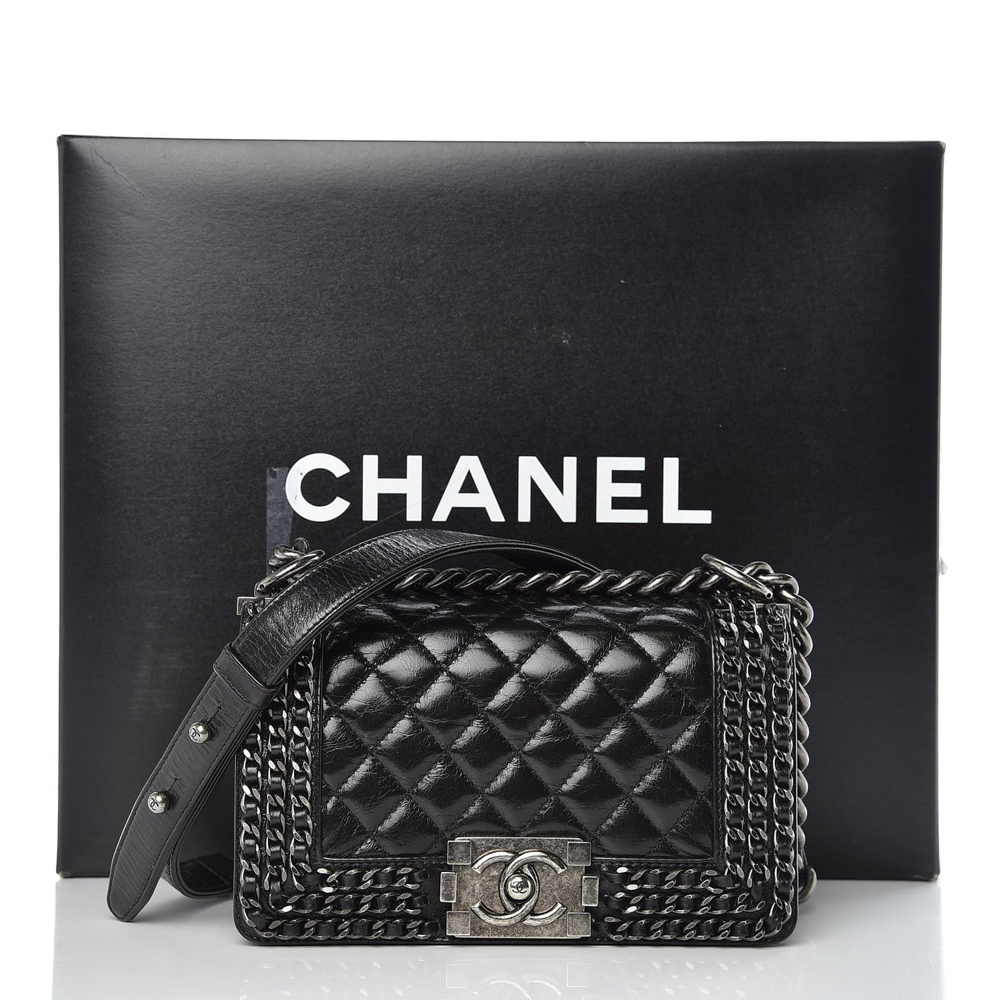 Glazed Calfskin Quilted Small Boy Chained Flap Black
