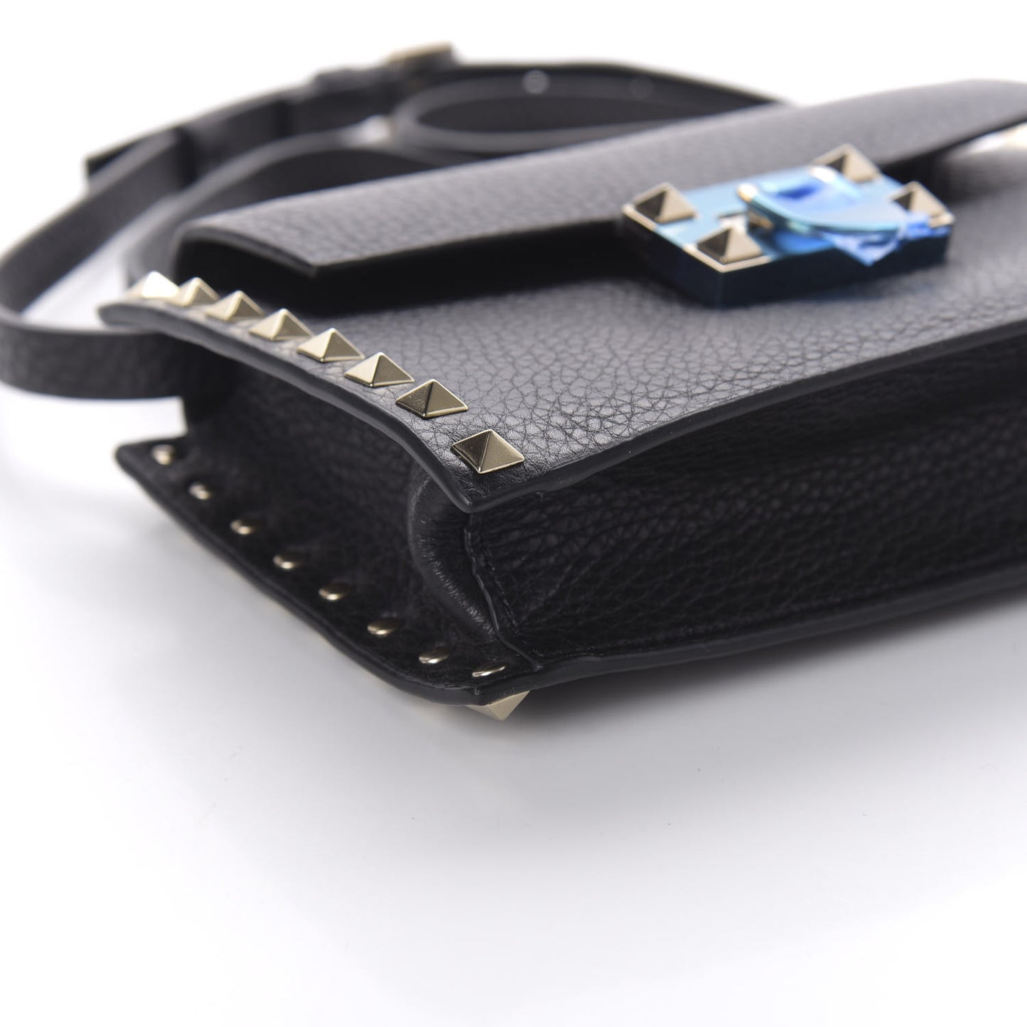 Pebbled Calfskin Small Rockstud Overlay Flap Shoulder Bag Black