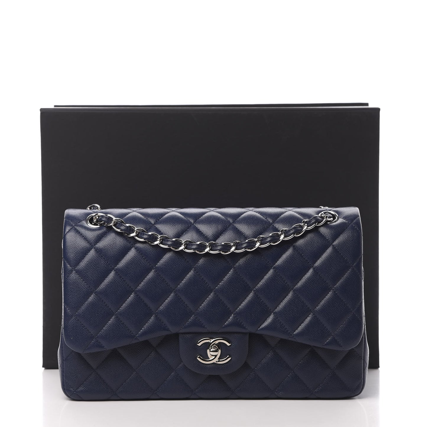 Caviar Quilted Jumbo Double Flap Navy Blue