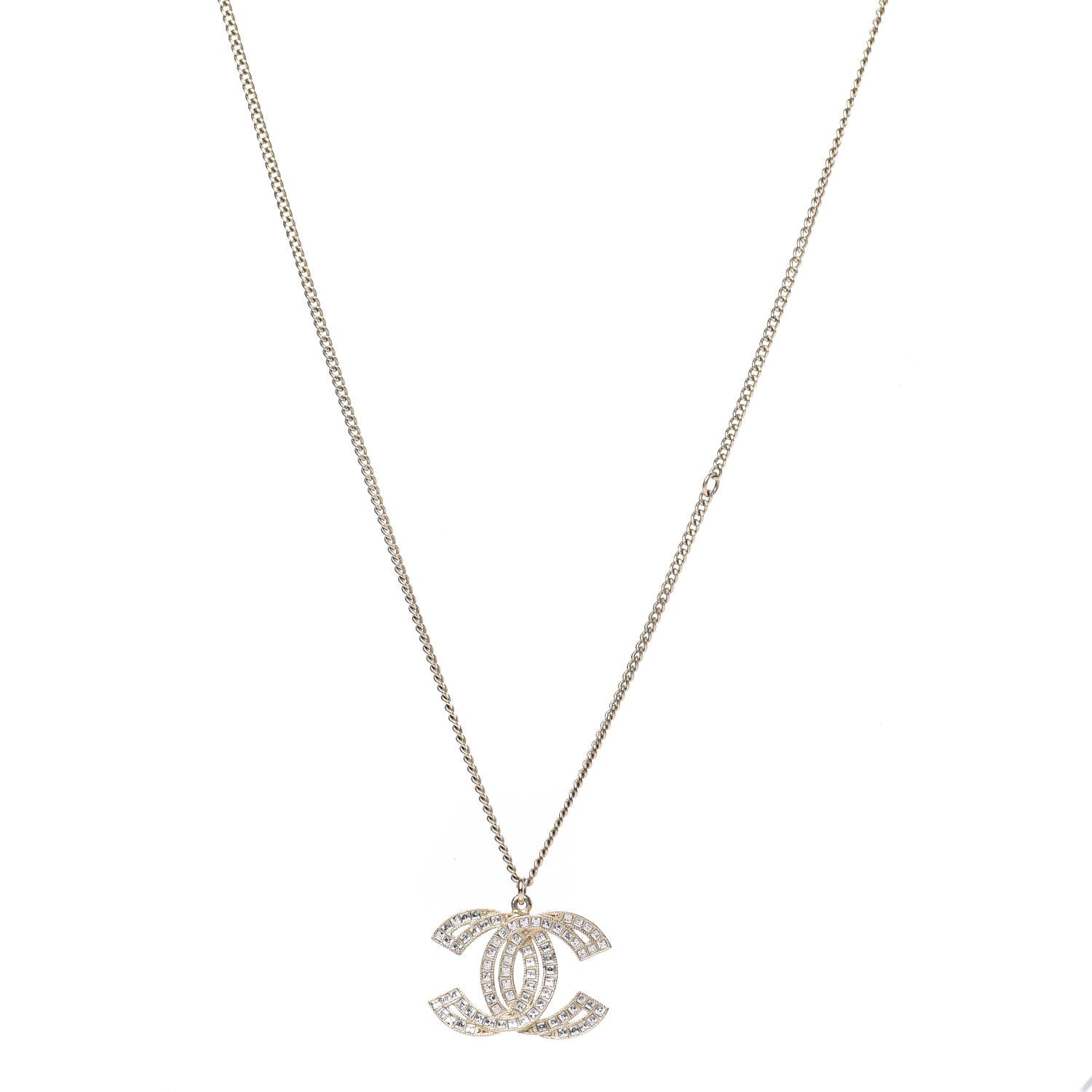 Chanel Metal Crystal Baguette CC Pendant Necklace Gold 1 of 5