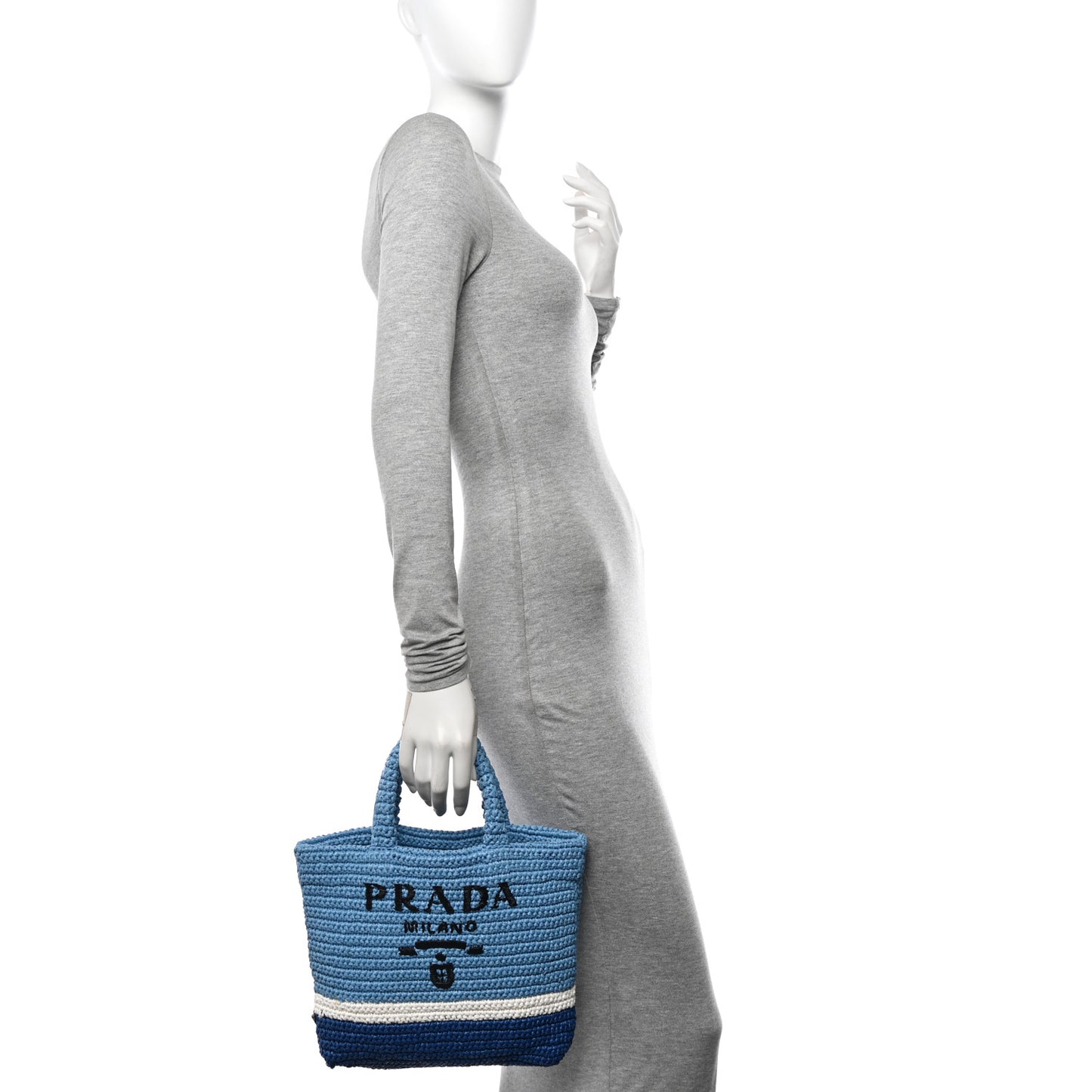 Yarn Raffia Effect Crochet Small Logo Tote Celeste Blue