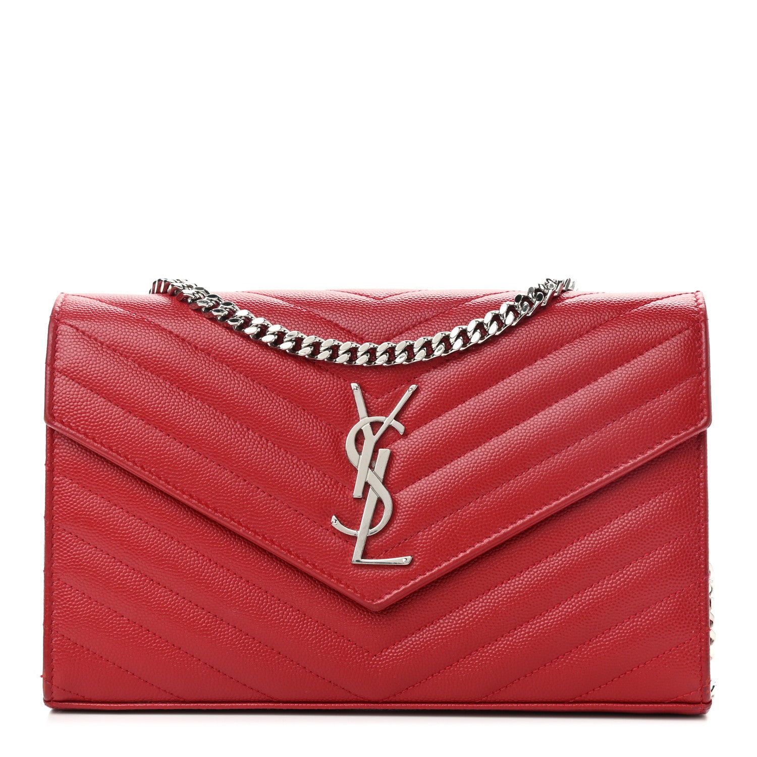 Saint Laurent Grain De Poudre Matelasse Chevron Monogram Chain Wallet Rouge Eros 1 of 11