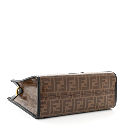Fendi Glazed Fabric Vitello Century Plexiglass FF 1974 Stamp Patch Small Runaway Shopper Tote Mogano Panna Black 4 of 10