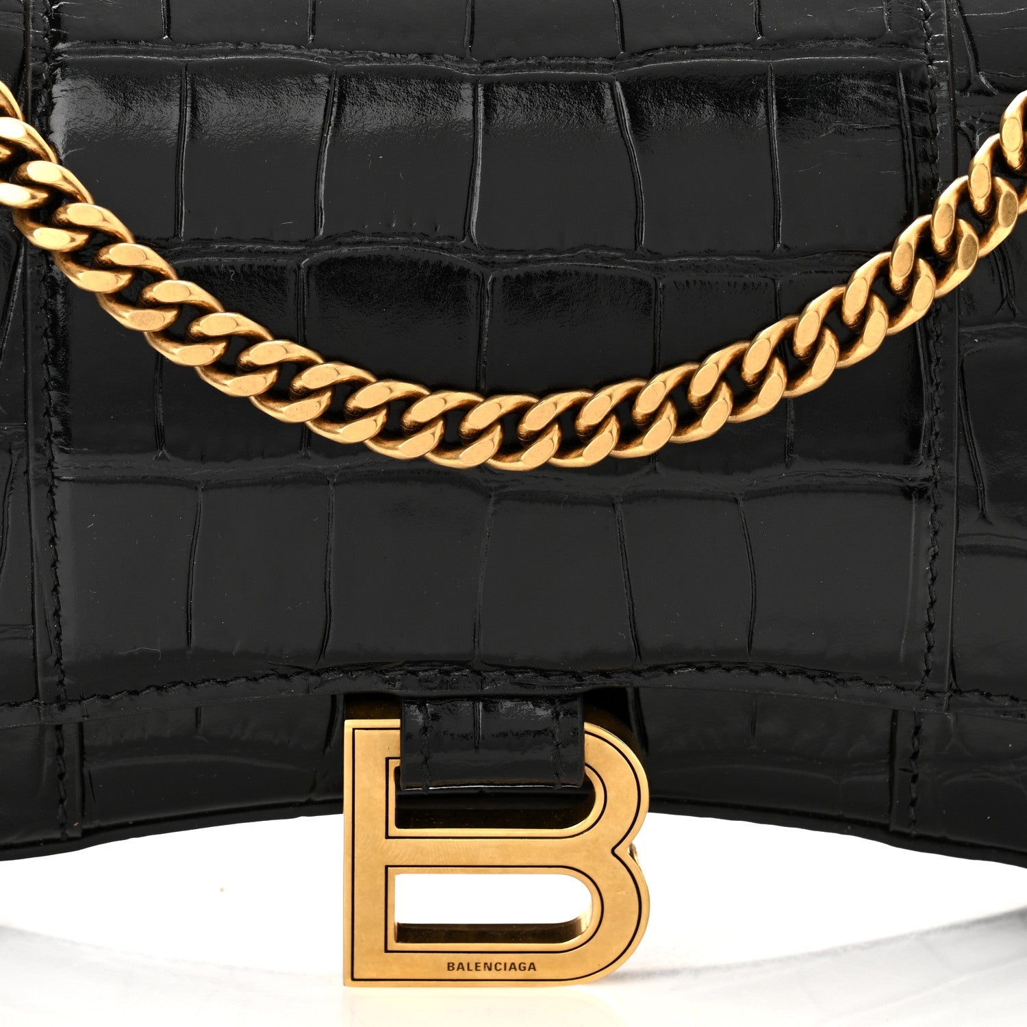 Balenciaga Shiny Calfskin Crocodile Embossed Hourglass Chain Bag Black 6 of 8