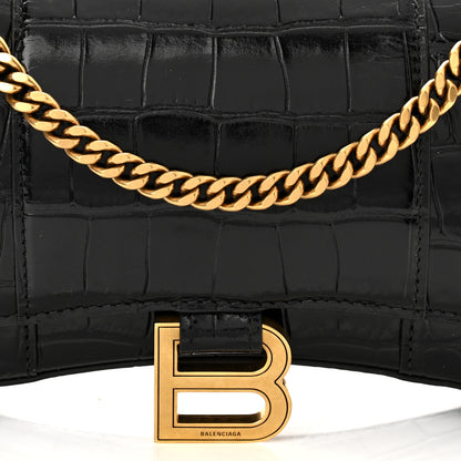 Balenciaga Shiny Calfskin Crocodile Embossed Hourglass Chain Bag Black 6 of 8