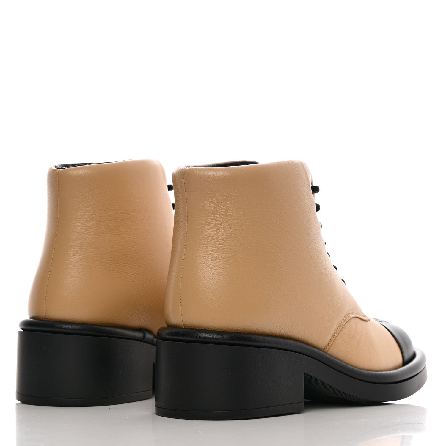 Chanel Lambskin Lace Up Combat Boots 38 Beige Black 4 of 12