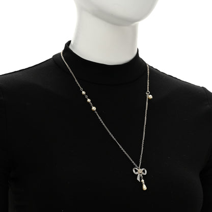 Chanel Crystal Pearl Bow CC Necklace Silver 2 of 5
