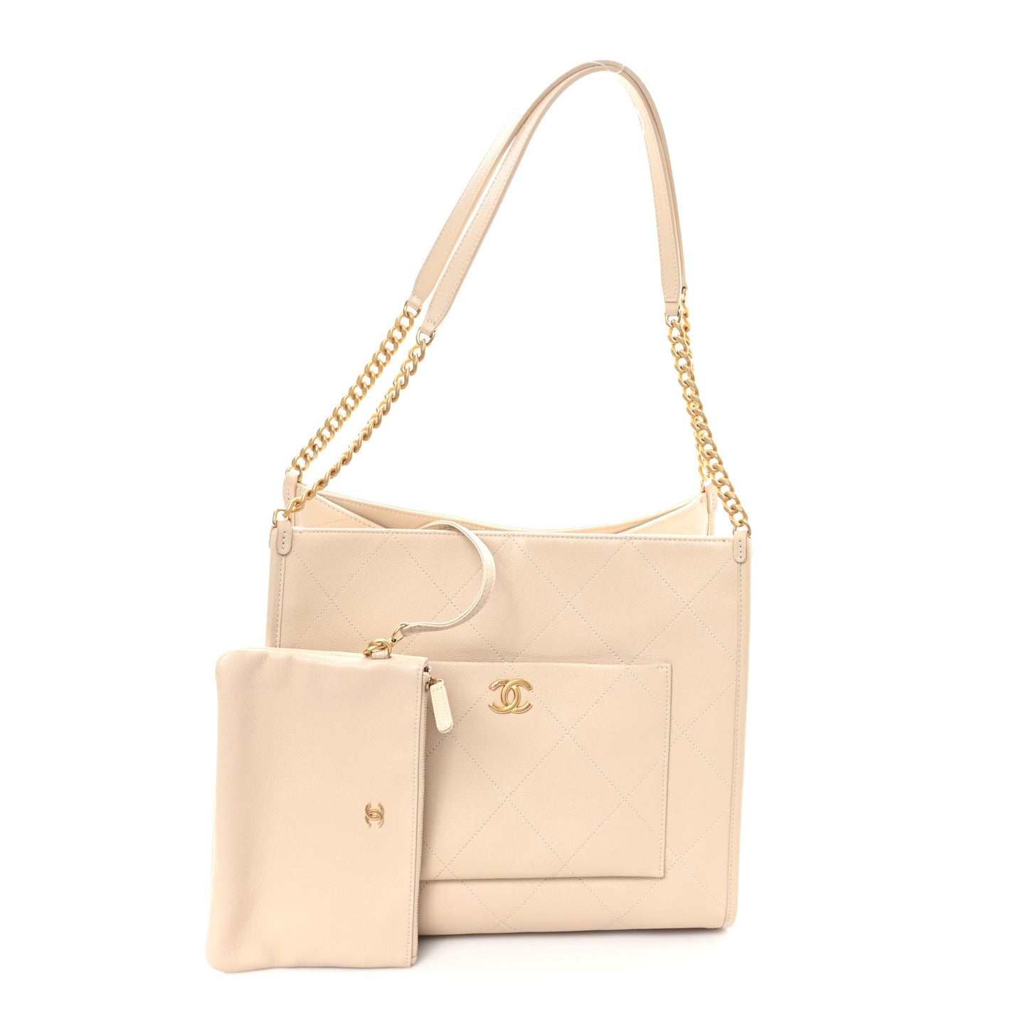 Caviar Stitched Pocket CC Large Tote Light Beige