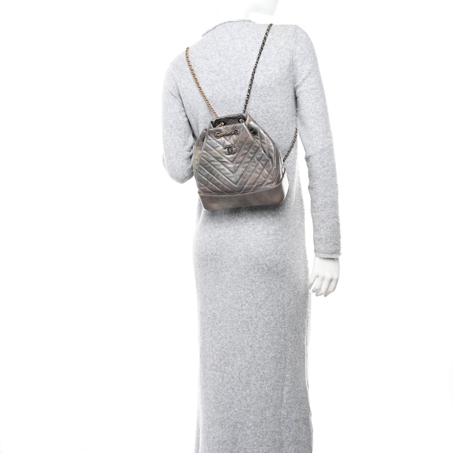 Metallic Grained Goatskin Chevron Quilted Gabrielle Backpack Silver
