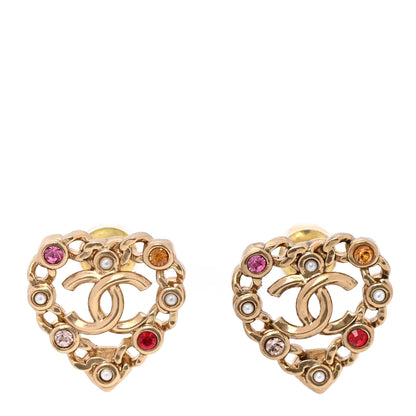 Chanel Pearl Crystal CC Heart Earrings Gold Multicolor 1 of 4