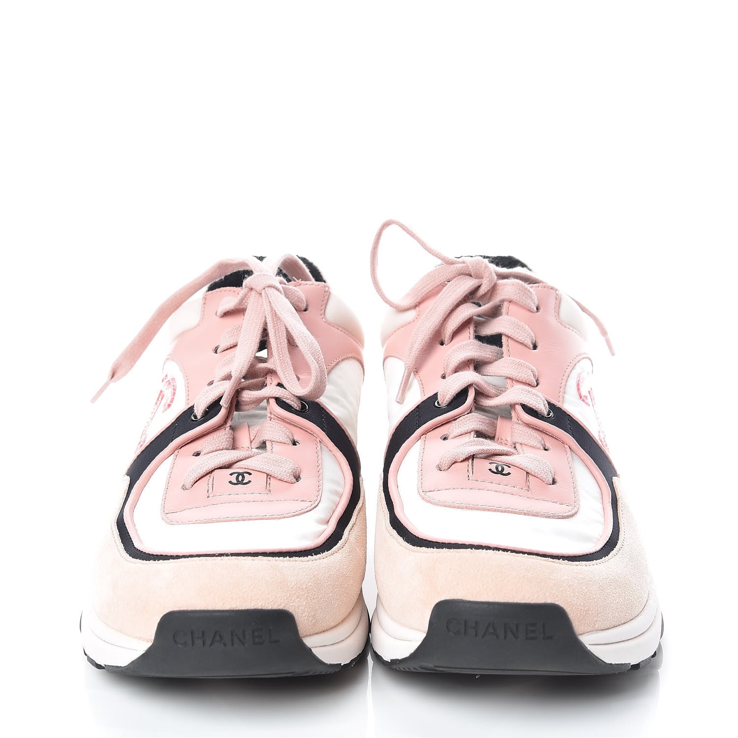 Chanel Suede Nylon Lambskin CC Sneakers 38.5 Pink White Black 2 of 8