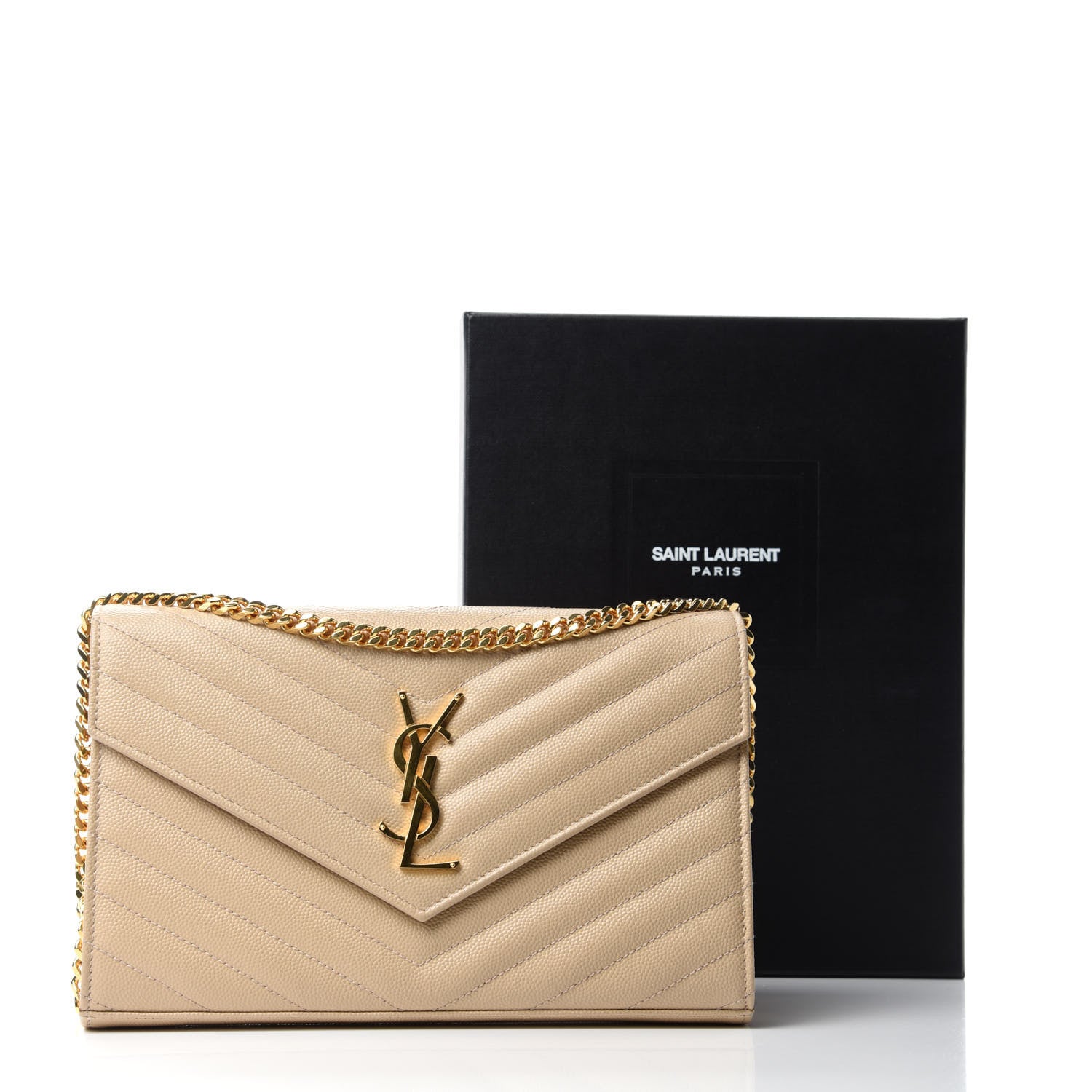 Saint Laurent Grain De Poudre Matelasse Chevron Monogram Chain Wallet Deep Beige 12 of 12