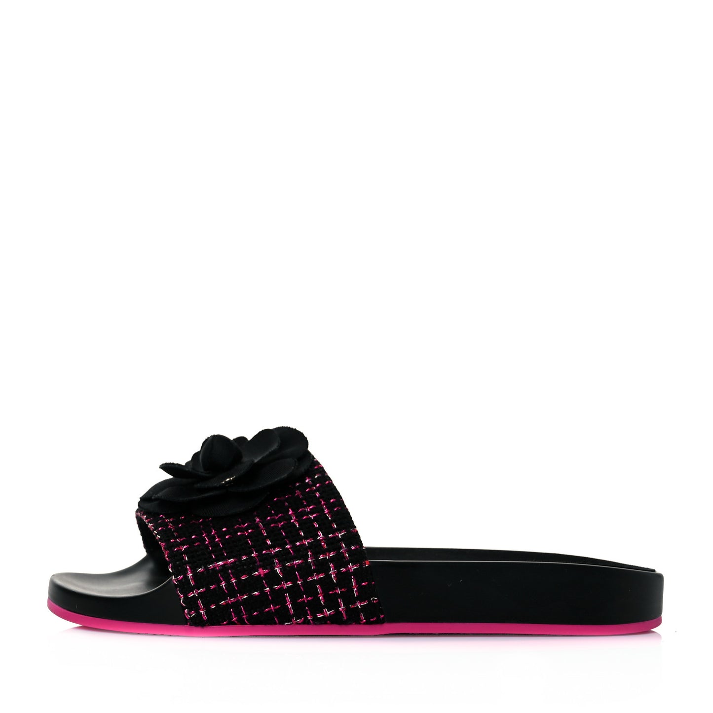 Tweed Grosgrain Camellia CC Flat Mules 37 Black Pink