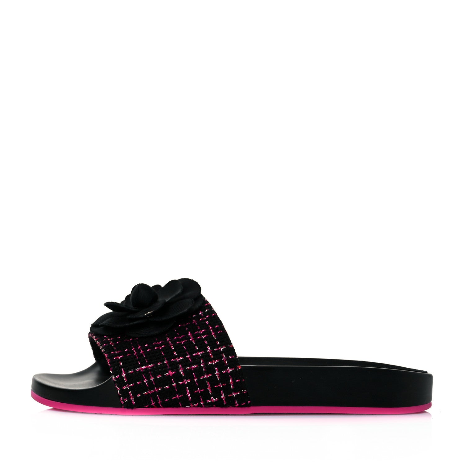 Chanel Tweed Grosgrain Camellia CC Flat Mules 37 Black Pink 1 of 8