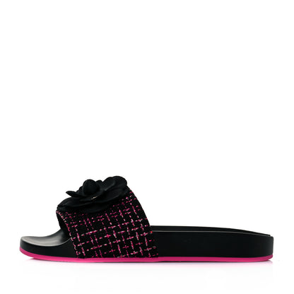 Chanel Tweed Grosgrain Camellia CC Flat Mules 37 Black Pink 1 of 8
