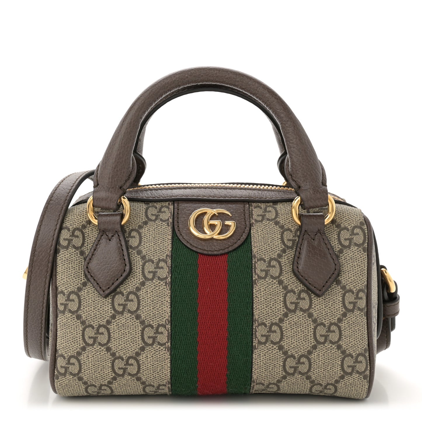 GG Supreme Monogram Textured Dollar Calfskin Web Super Mini Ophidia Top Handle Bowler Bag Beige Ebony New Acero